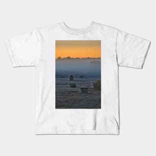 Orange sky Foggy morning  farming landscape Kids T-Shirt